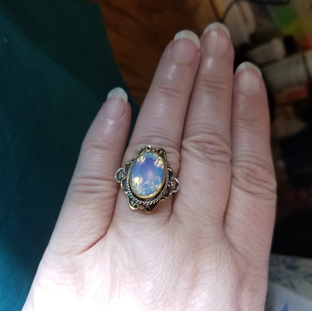 .925 Tri-Tone Oval Filigree Fire Opalite Ring